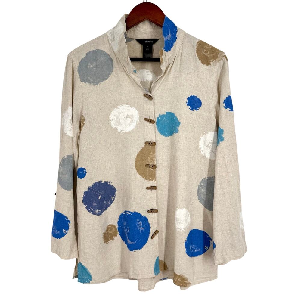 Ali Miles Sz Medium LINEN BLEND Blue Beige Wearable Art Beach Blouse Shirt Top - Picture 2 of 13